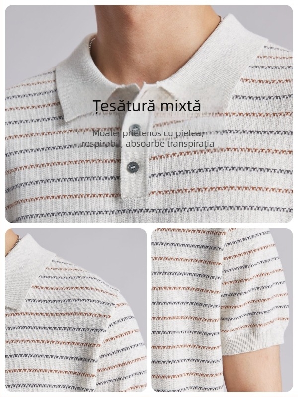 Polo bărbătesc cu textură tricotată din bumbac și model în dungi — croi slim, mâneci scurte, respirabil, vară, casual pentru muncă