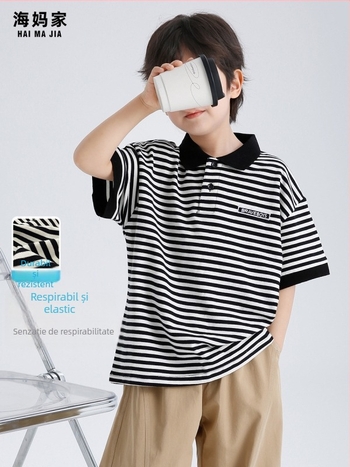 Tricou polo pentru băieți, stil coreean, mâneci scurte, 100% bumbac, piqué în dungi