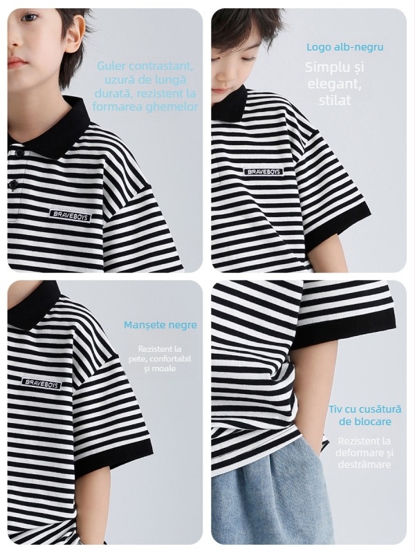 Tricou polo pentru băieți, stil coreean, mâneci scurte, 100% bumbac, piqué în dungi
