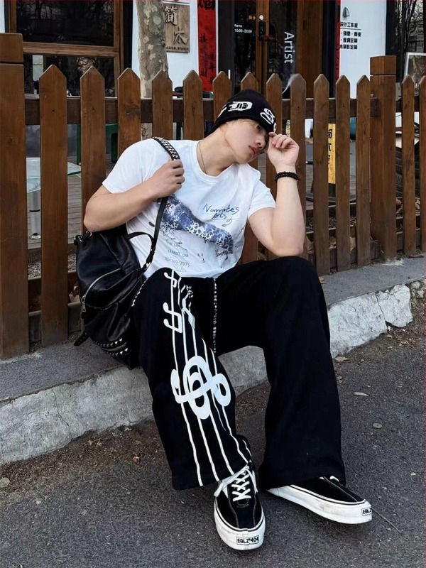Pantaloni trening din bumbac pentru bărbați - imprimeu de litere, croială dreaptă, stil hip-hop casual, șnur