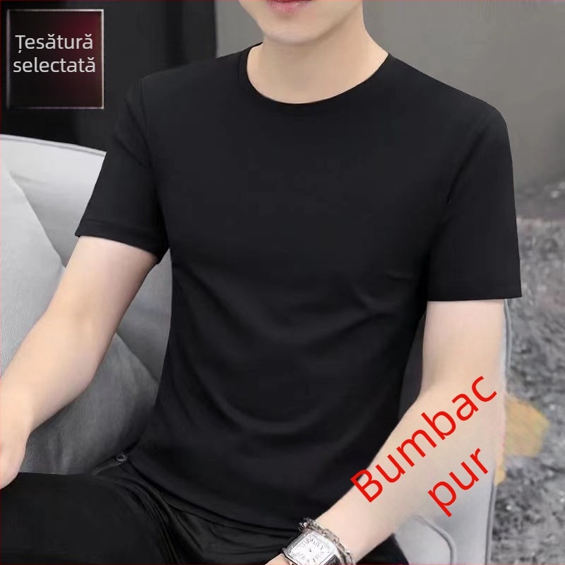 Tricou bărbați cu mânecă scurtă, 100% bumbac, alb, croială Slim, guler rotund, primăvară-vară 2023