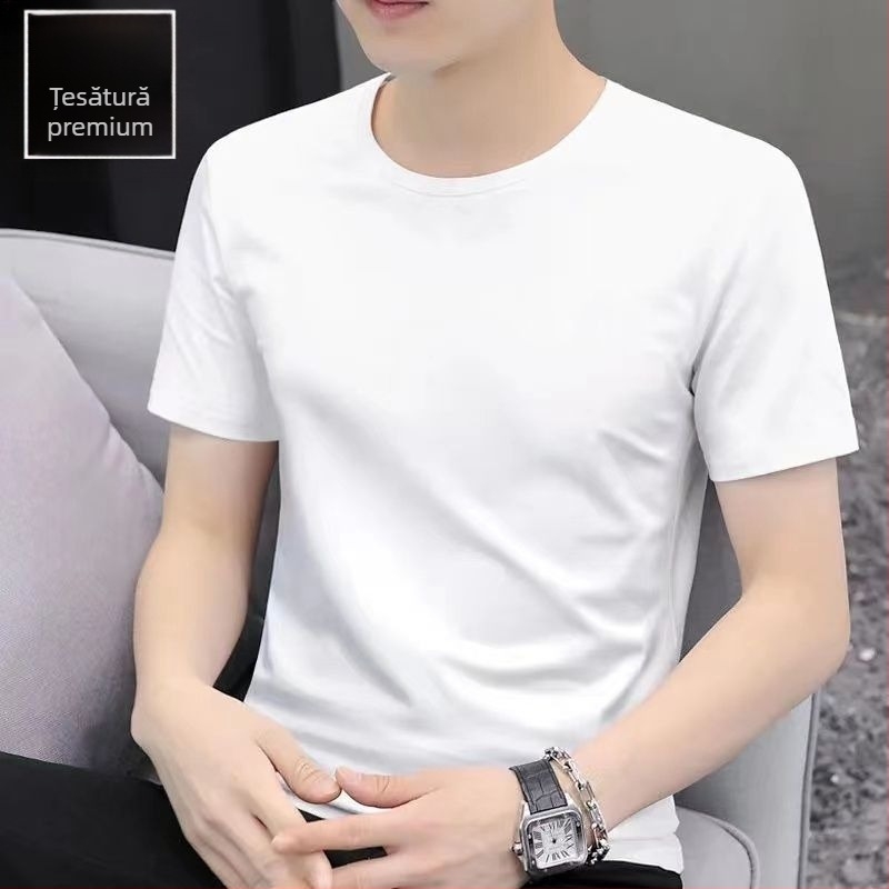 Tricou bărbați cu mânecă scurtă, 100% bumbac, alb, croială Slim, guler rotund, primăvară-vară 2023