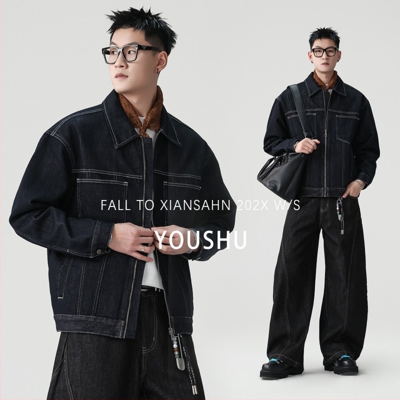 Jachetă din denim pentru bărbați, stil american retro, îmbrăcăminte de lucru, model primăvara 2026, cusături în contrast, fermoar, marcă la modă