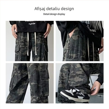 Jeanși din denim în stil american, camuflaj, croială lejeră dreaptă, mărime mare, pantaloni sport largi, casual modern