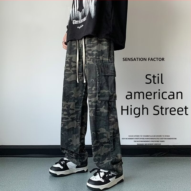 Jeanși din denim în stil american, camuflaj, croială lejeră dreaptă, mărime mare, pantaloni sport largi, casual modern