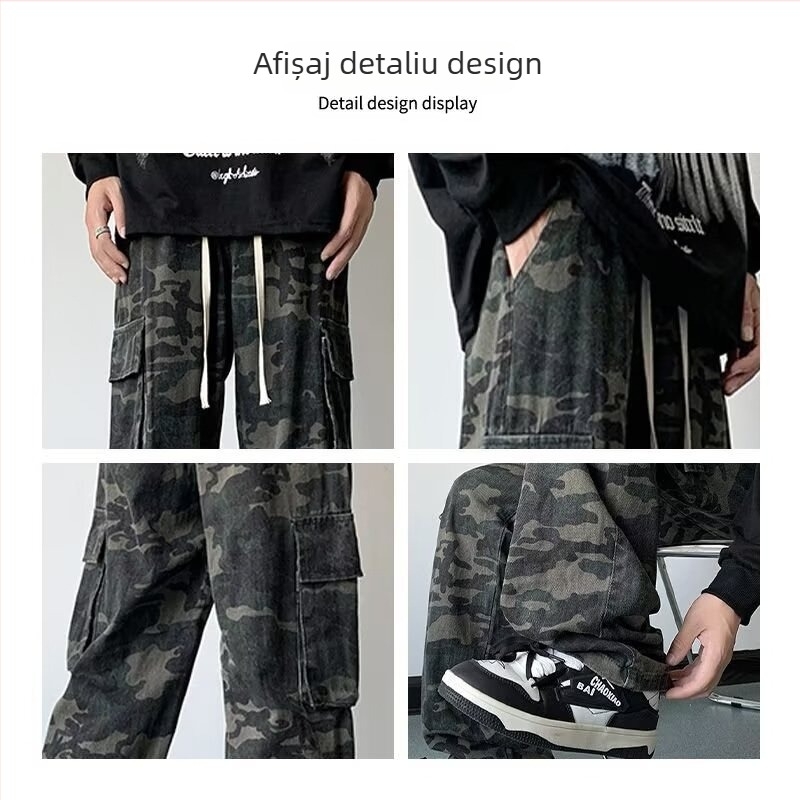 Jeanși din denim în stil american, camuflaj, croială lejeră dreaptă, mărime mare, pantaloni sport largi, casual modern