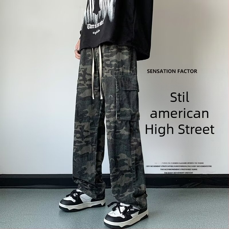 Jeanși din denim în stil american, camuflaj, croială lejeră dreaptă, mărime mare, pantaloni sport largi, casual modern