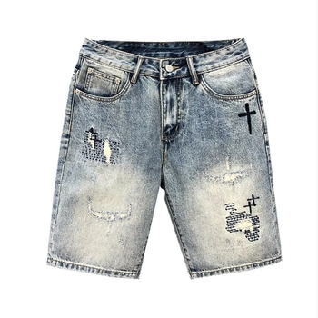 Șorturi denim brodate pentru bărbați - vară casual, croială drept, la modă și versatil