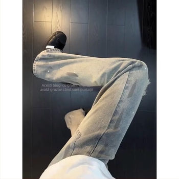 Blugi denim pentru bărbați cu rupturi în stil vintage, stil stradal, design de vară, croială slim straight