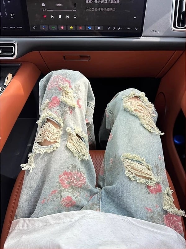 Blugi denim pentru bărbați, imprimeu floral și rupți, croială lejeră, drept