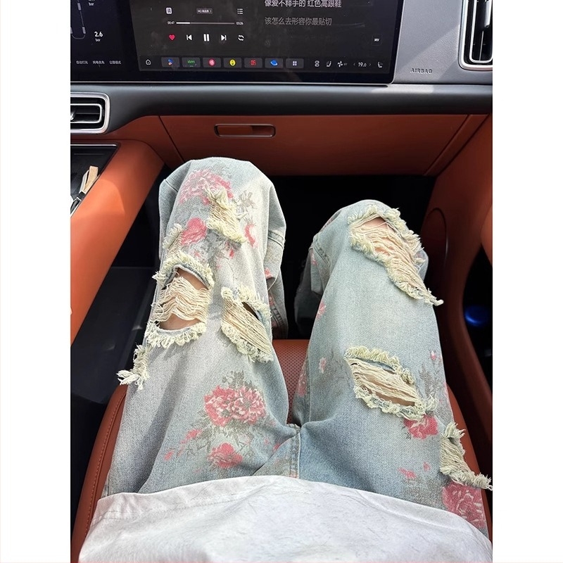 Blugi denim pentru bărbați, imprimeu floral și rupți, croială lejeră, drept