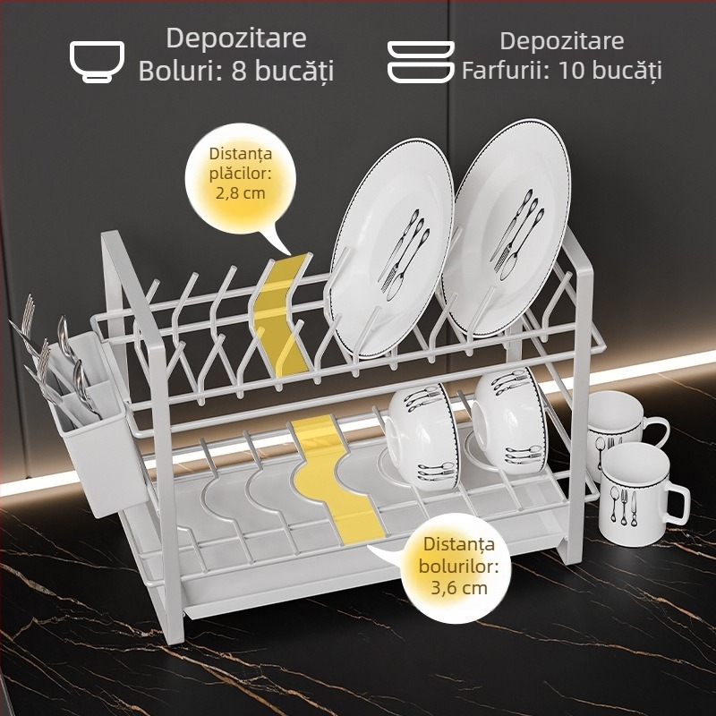 Raft de bucătărie pentru blat, din oțel inoxidabil 304, suport pentru farfurii și tacâmuri, suport compact de scurgere pentru boluri și bețișoare