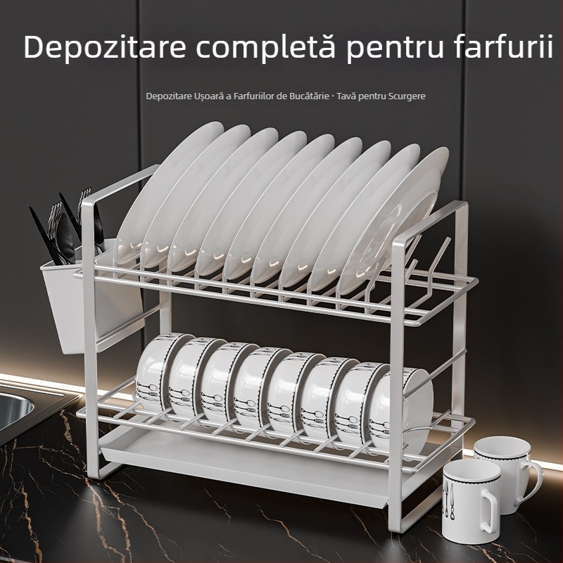 Raft de bucătărie pentru blat, din oțel inoxidabil 304, suport pentru farfurii și tacâmuri, suport compact de scurgere pentru boluri și bețișoare