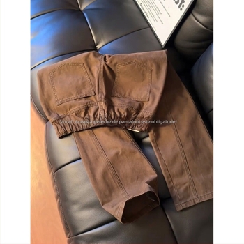 Blugi bărbătește cu căptușeală din fleece, culoare cafea, tăietură diagonală, stil streetwear american retro, croială dreaptă cu ușoară evazare