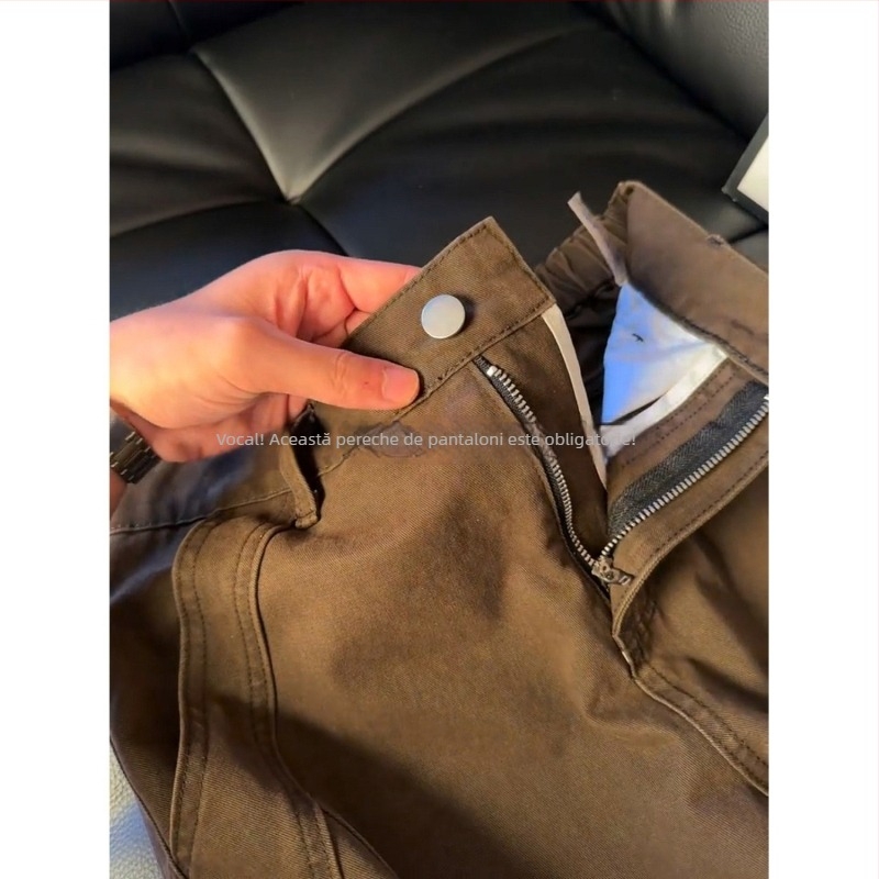 Blugi bărbătește cu căptușeală din fleece, culoare cafea, tăietură diagonală, stil streetwear american retro, croială dreaptă cu ușoară evazare