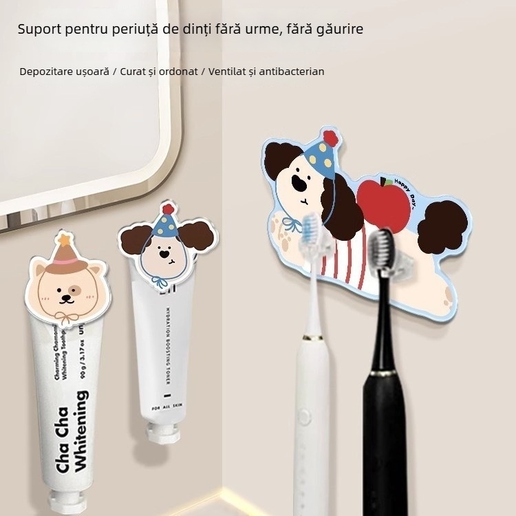 Suport montat pe perete pentru pastă de dinți și periuțe electrice – organizator de baie, fără găuri, design desen animat