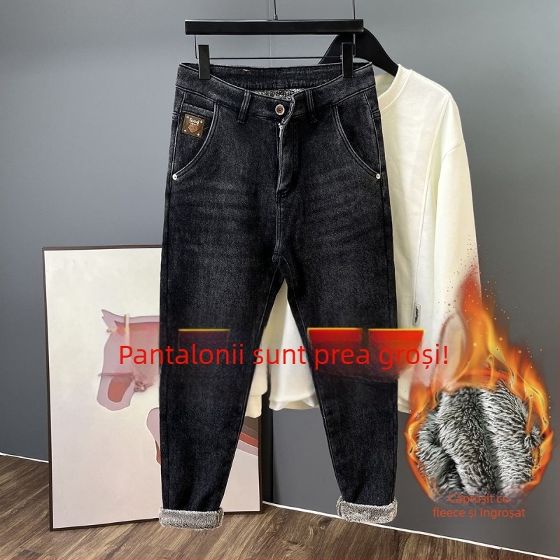 Blugi bărbați cu fleece pe interior pentru iarnă, 2025 model nou, de înaltă calitate, croială slim straight, denim
