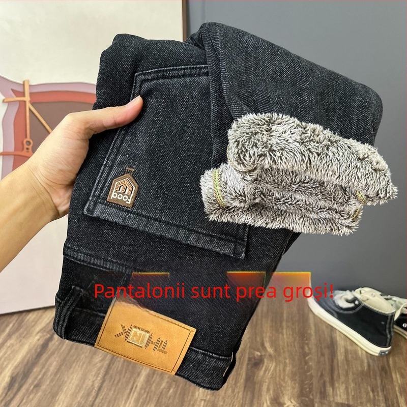 Blugi bărbați cu fleece pe interior pentru iarnă, 2025 model nou, de înaltă calitate, croială slim straight, denim