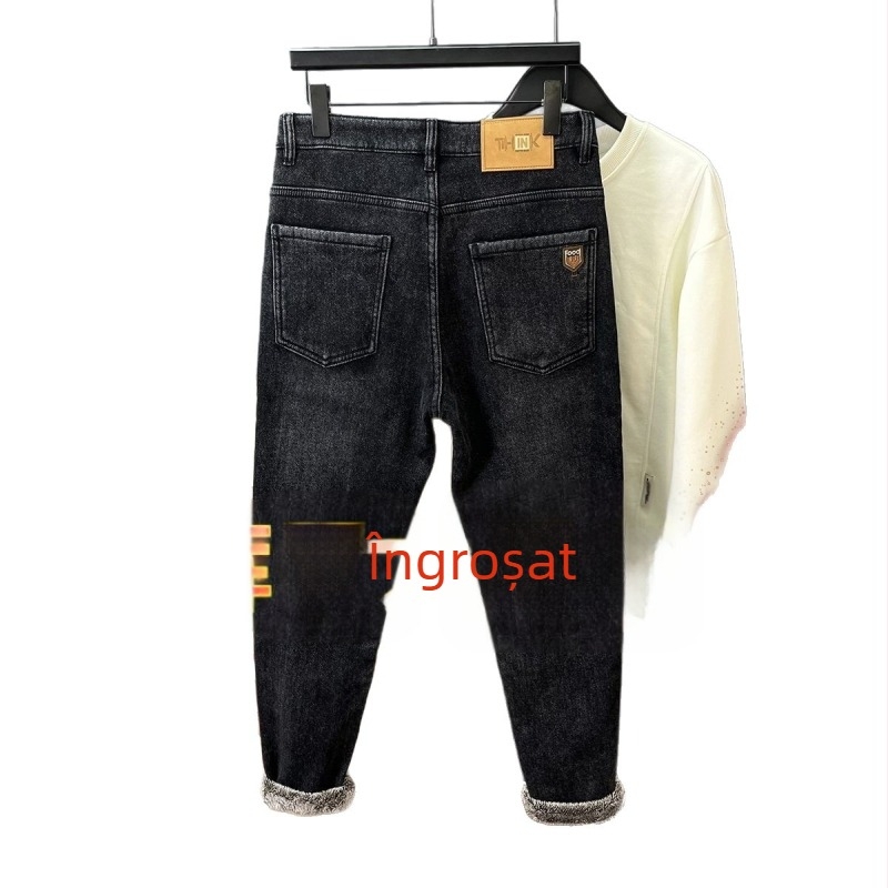 Blugi bărbați cu fleece pe interior pentru iarnă, 2025 model nou, de înaltă calitate, croială slim straight, denim
