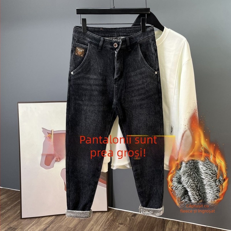 Blugi bărbați cu fleece pe interior pentru iarnă, 2025 model nou, de înaltă calitate, croială slim straight, denim