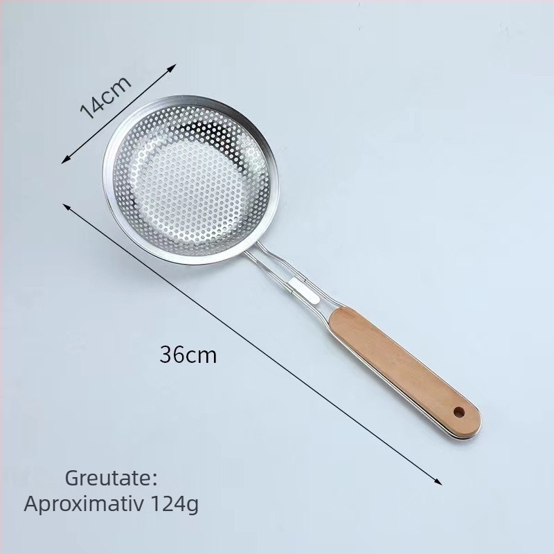 Skimmer din oțel inox cu mâner din lemn, sită de filtrare a uleiului pentru prăjit