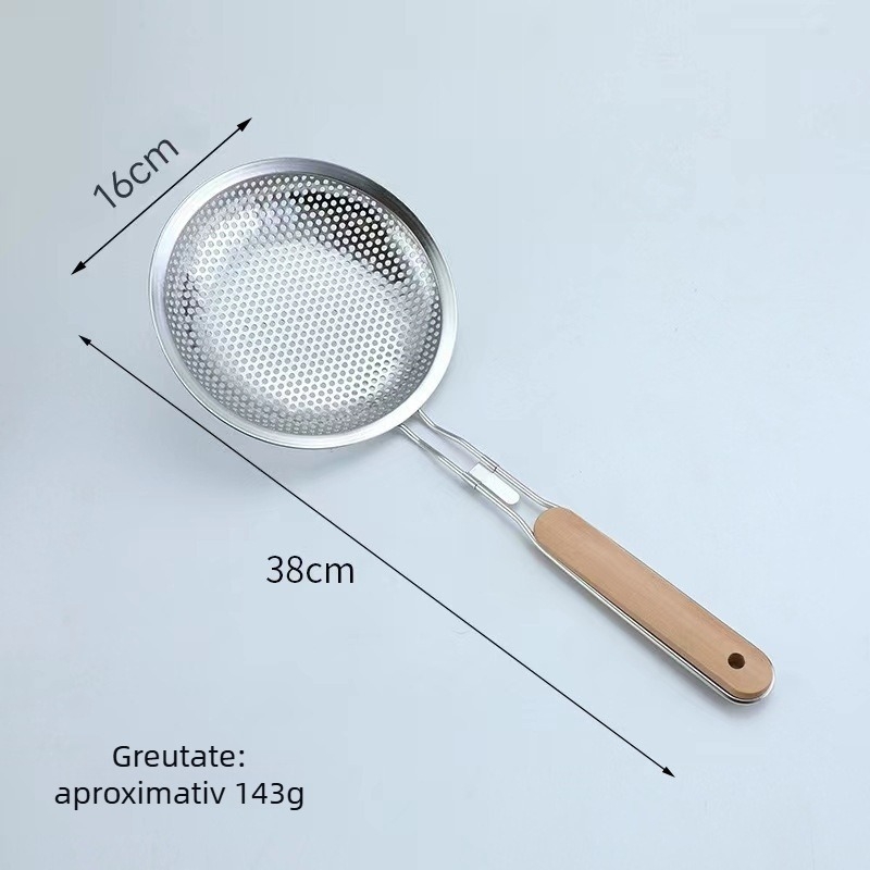 Skimmer din oțel inox cu mâner din lemn, sită de filtrare a uleiului pentru prăjit