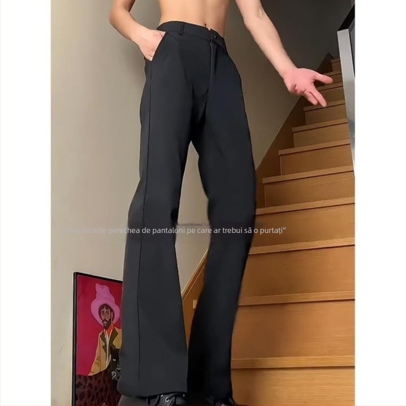 Pantaloni negri de costum, croială dreaptă și drapaj rafinat, stil și versatilitate, talie înaltă, pantaloni de costum pentru bărbați