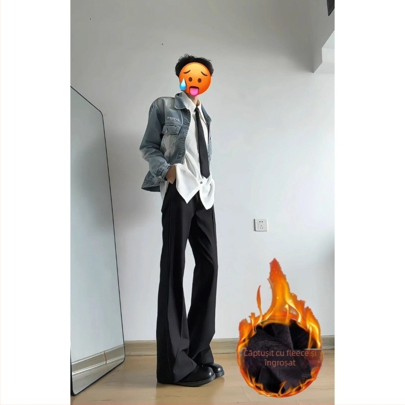 Cleanfit pantaloni bărbați cu căptușeală din fleece, groși și ușor evazați, casual cu croială dreaptă pentru toamnă–iarna, lejeri și care subțiază silueta
