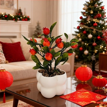 Planta în ghiveci cu fructe artificiale, grilaj pătrat – decor interior