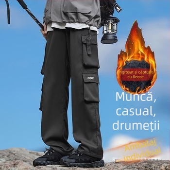 Pantaloni cargo bărbați căptuți cu fleece, buzunare multiple, iarnă, croi drept, casual