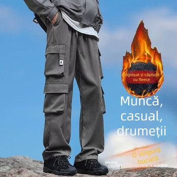 Pantaloni cargo bărbați căptuți cu fleece, buzunare multiple, iarnă, croi drept, casual