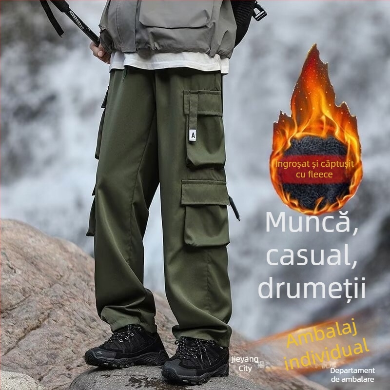 Pantaloni cargo bărbați căptuți cu fleece, buzunare multiple, iarnă, croi drept, casual