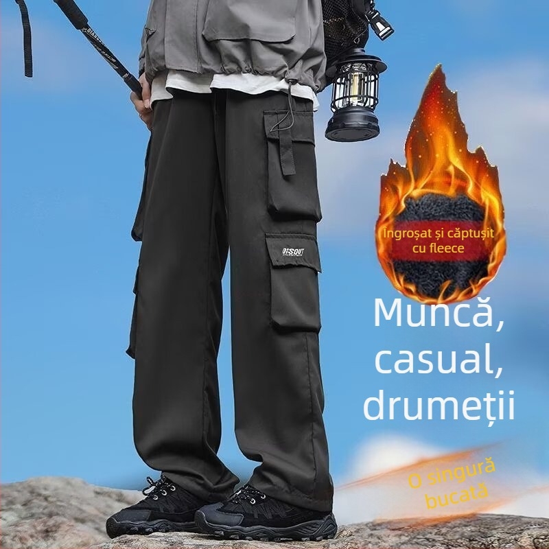Pantaloni cargo bărbați căptuți cu fleece, buzunare multiple, iarnă, croi drept, casual