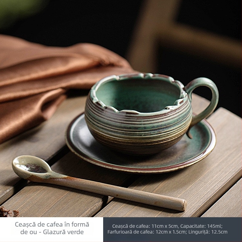 Set ceramic de cafea cu ceașcă și farfurioară, stil retro, finisaj cu glazură de cuptor, ceașcă pentru latte art, aspect elegant.