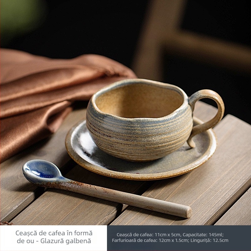 Set ceramic de cafea cu ceașcă și farfurioară, stil retro, finisaj cu glazură de cuptor, ceașcă pentru latte art, aspect elegant.