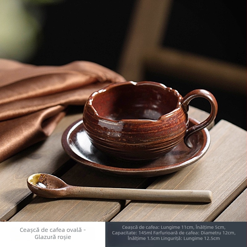 Set ceramic de cafea cu ceașcă și farfurioară, stil retro, finisaj cu glazură de cuptor, ceașcă pentru latte art, aspect elegant.