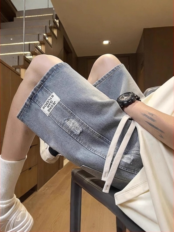 Șorturi denim bărbați 2025 vară, subțiri, uzate, lungime medie, croială lejeră, drept