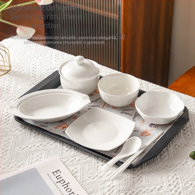 Set de veselă postnatal pentru o persoană, destinat centrelor de maternitate, cu farfurii și tacâmuri, ceramică.
