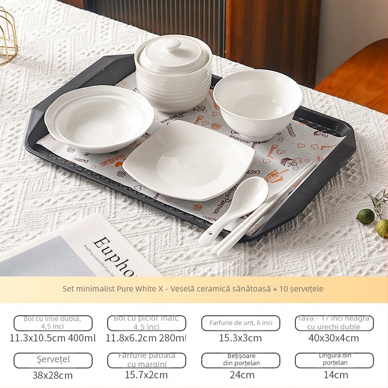 Set de veselă postnatal pentru o persoană, destinat centrelor de maternitate, cu farfurii și tacâmuri, ceramică.