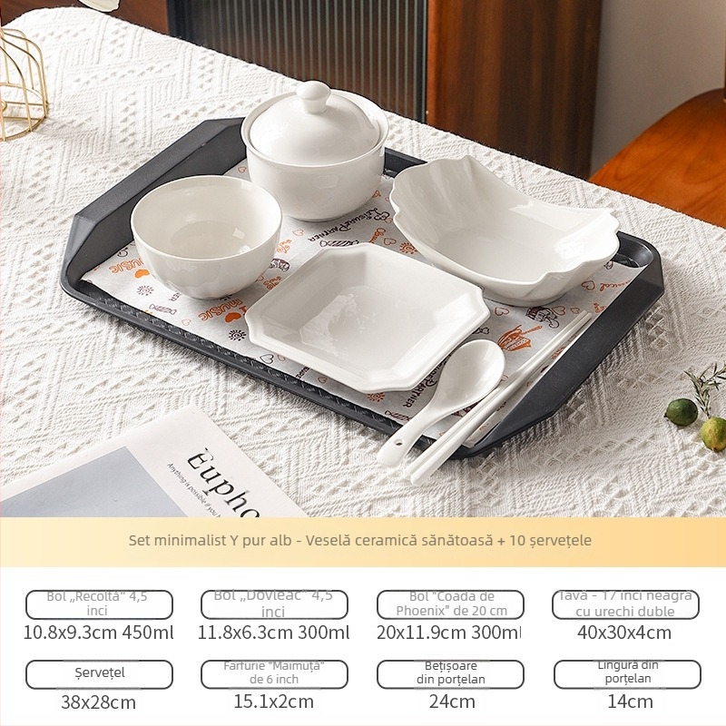 Set de veselă postnatal pentru o persoană, destinat centrelor de maternitate, cu farfurii și tacâmuri, ceramică.