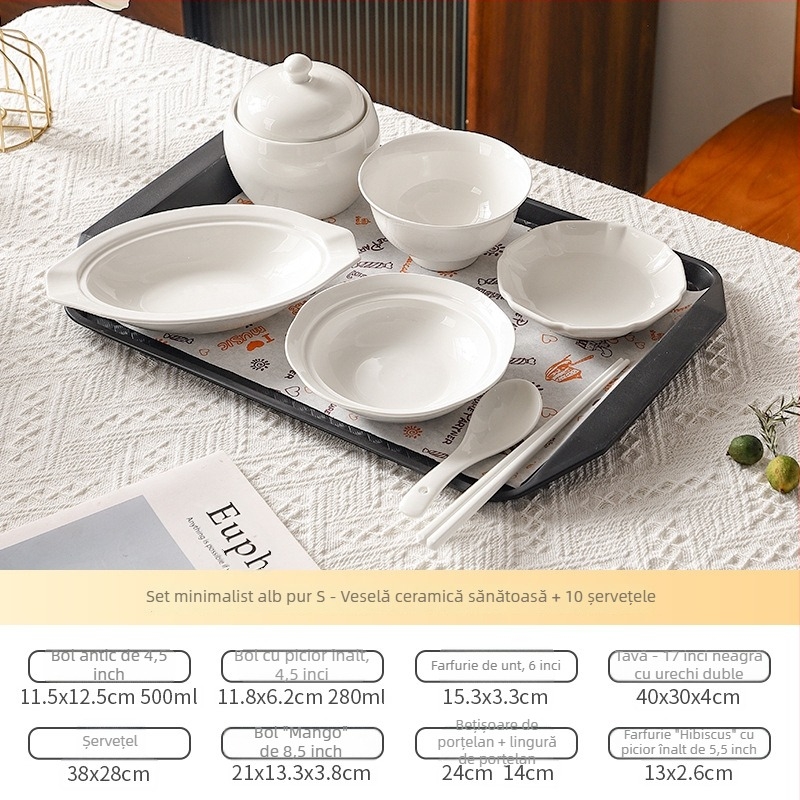 Set de veselă postnatal pentru o persoană, destinat centrelor de maternitate, cu farfurii și tacâmuri, ceramică.