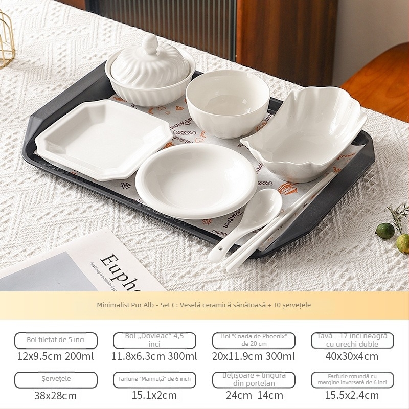 Set de veselă postnatal pentru o persoană, destinat centrelor de maternitate, cu farfurii și tacâmuri, ceramică.