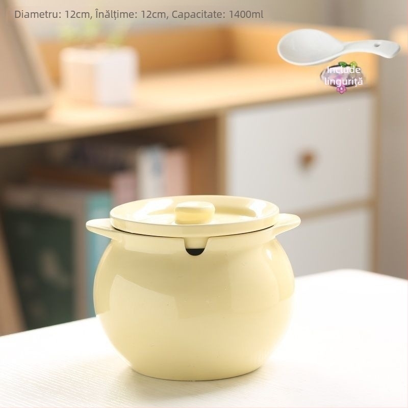 Borcan ceramic pentru untură cu capac, rezistent la temperaturi înalte, capacitate mare de depozitare, recipient pentru condimente de bucătărie și sare, set de 2 piese cu lingură