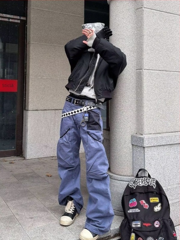 Pantaloni pentru bărbați, stil american retro de lucru, croială dreaptă relaxată, cu mai multe buzunare, pantaloni casual spălați pentru primăvară și toamnă