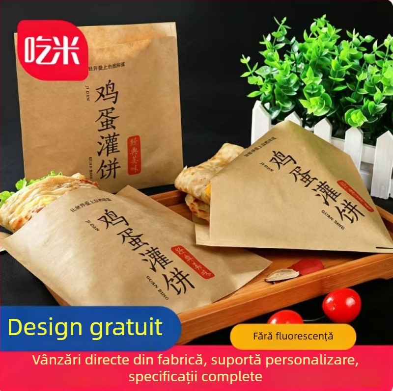 Pungi din hârtie personalizate pentru clătitele cu ou, hârtie Kraft rezistentă la ulei, pungi de unică folosință pentru gustări, întărite pentru uz comercial