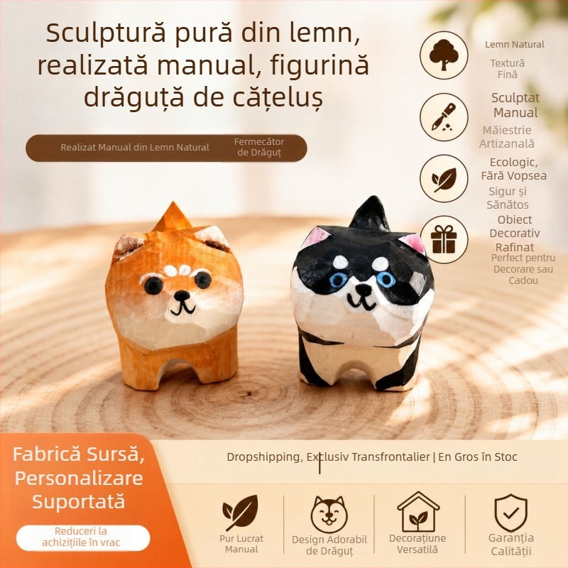 Figurină de lemn lucrată manual – cățeluș drăguț în stil chibi, pentru birou