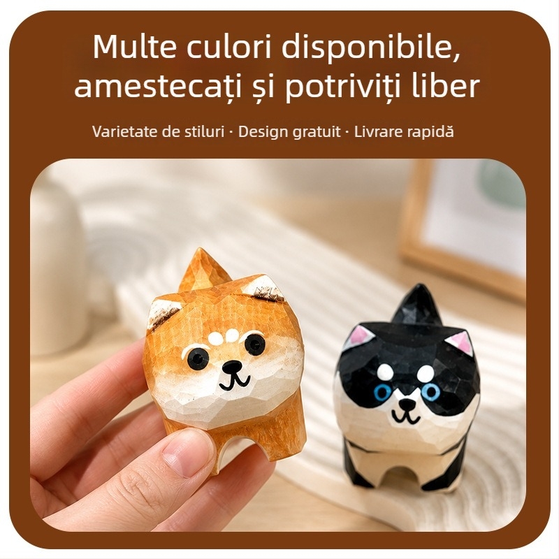 Figurină de lemn lucrată manual – cățeluș drăguț în stil chibi, pentru birou