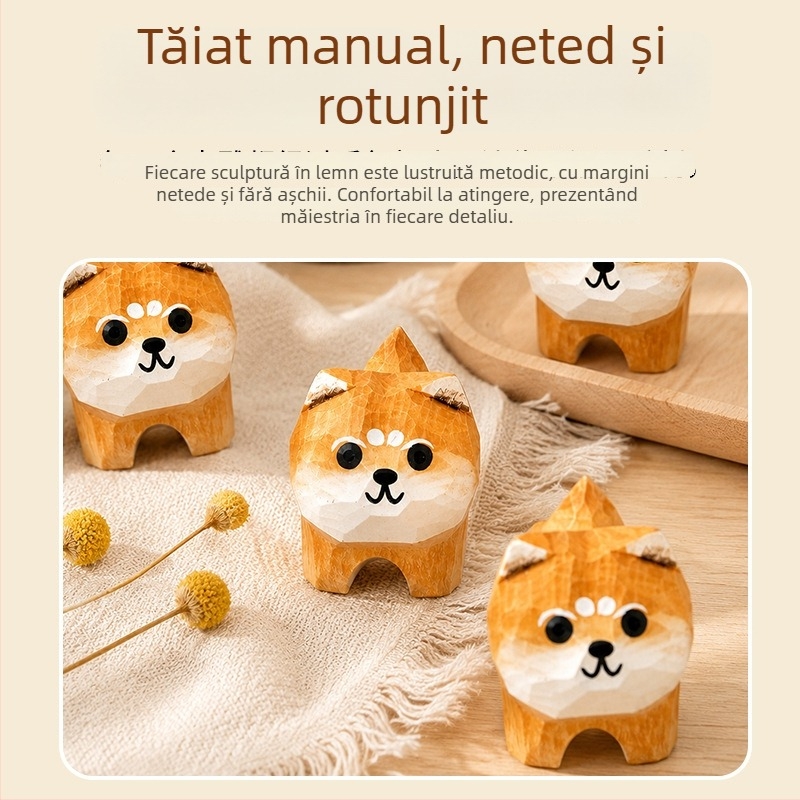 Figurină de lemn lucrată manual – cățeluș drăguț în stil chibi, pentru birou
