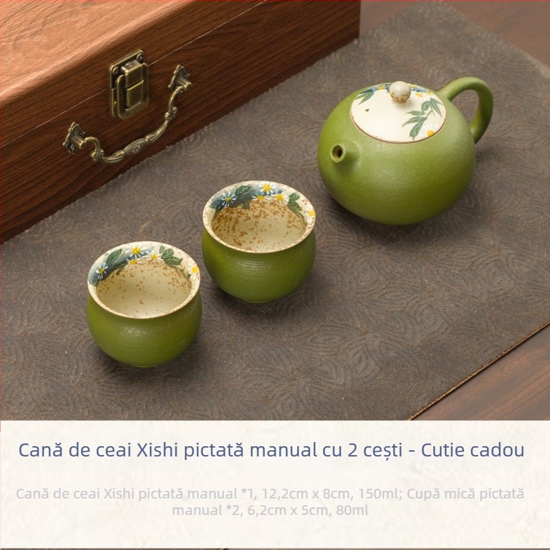 Set de ceai ceramic cu glazură subglazură, motiv margaretă verde mandarină, ceainic Xishi, 1 ceainic și 2 căni în cutie cadou