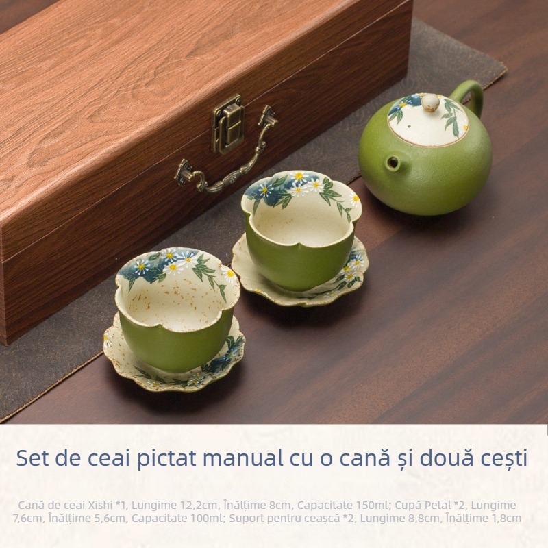 Set de ceai ceramic cu glazură subglazură, motiv margaretă verde mandarină, ceainic Xishi, 1 ceainic și 2 căni în cutie cadou